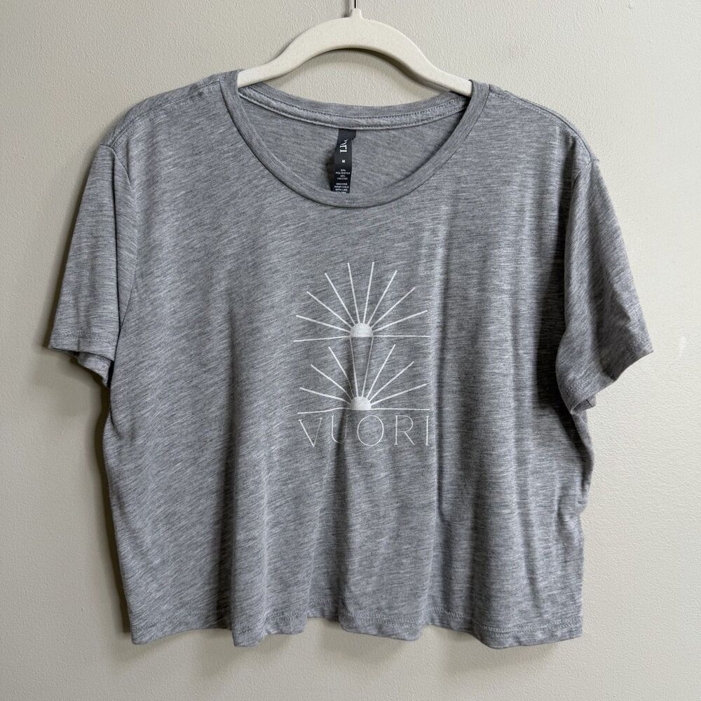 Vuori Heather Grey Slub Knit Sunset Graphic Logo Cropped T-Shirt Size Medium